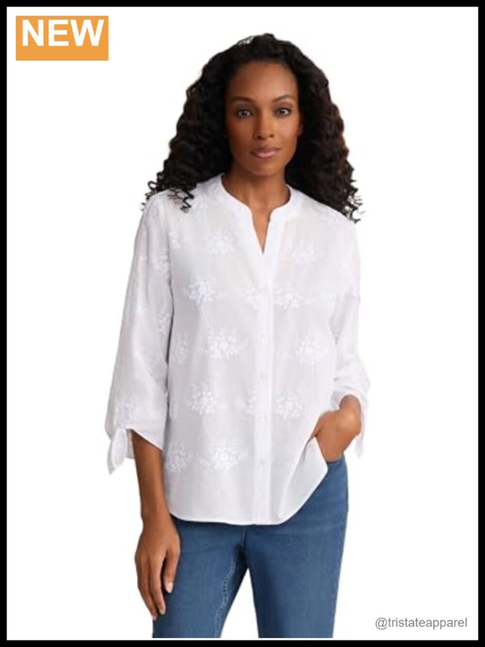 Embroidered Cotton Y-Neck Button Front Blouse Office Wear